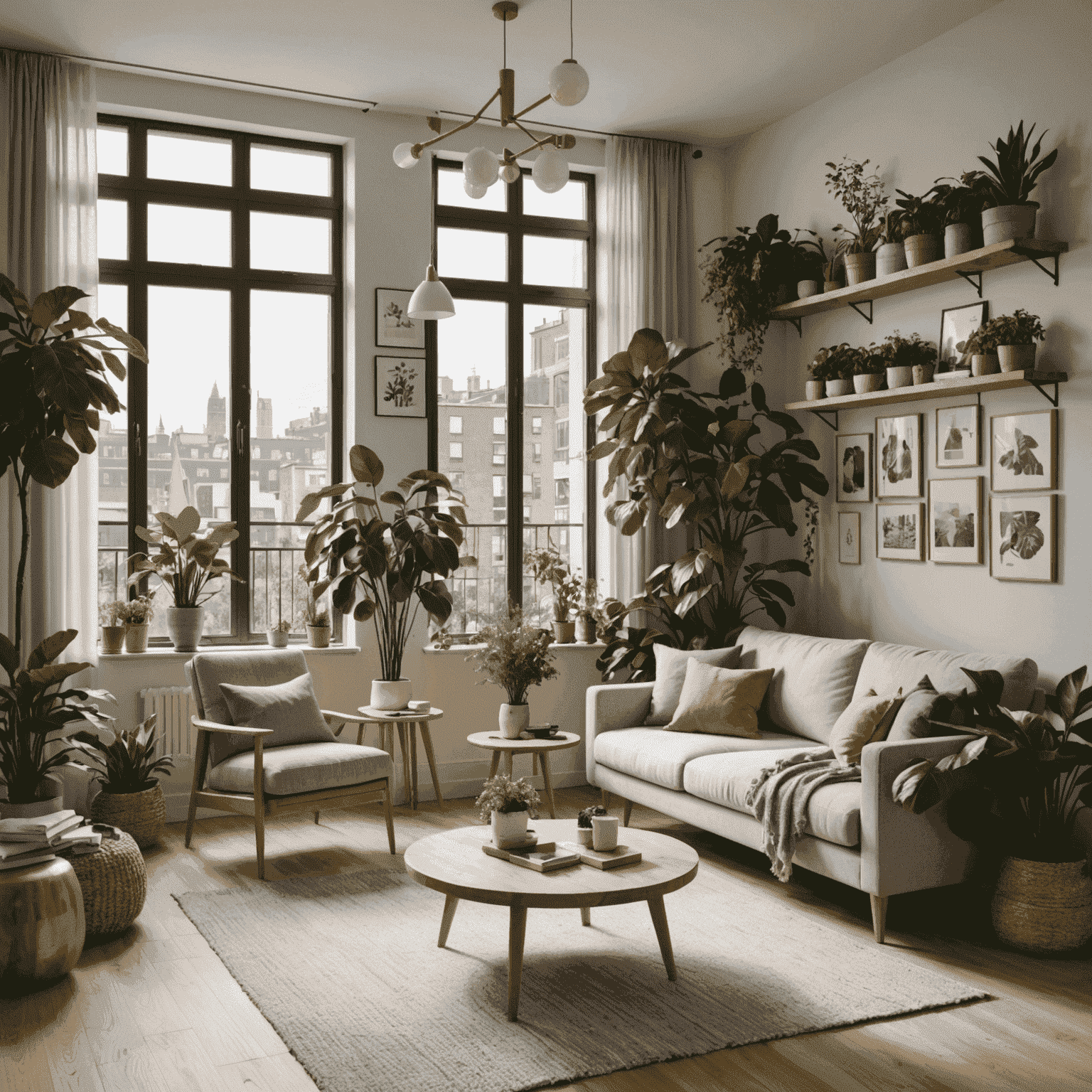A cozy urban apartment with large windows, plenty of indoor plants, and natural wood furniture, creating a calm and nature-inspired living space