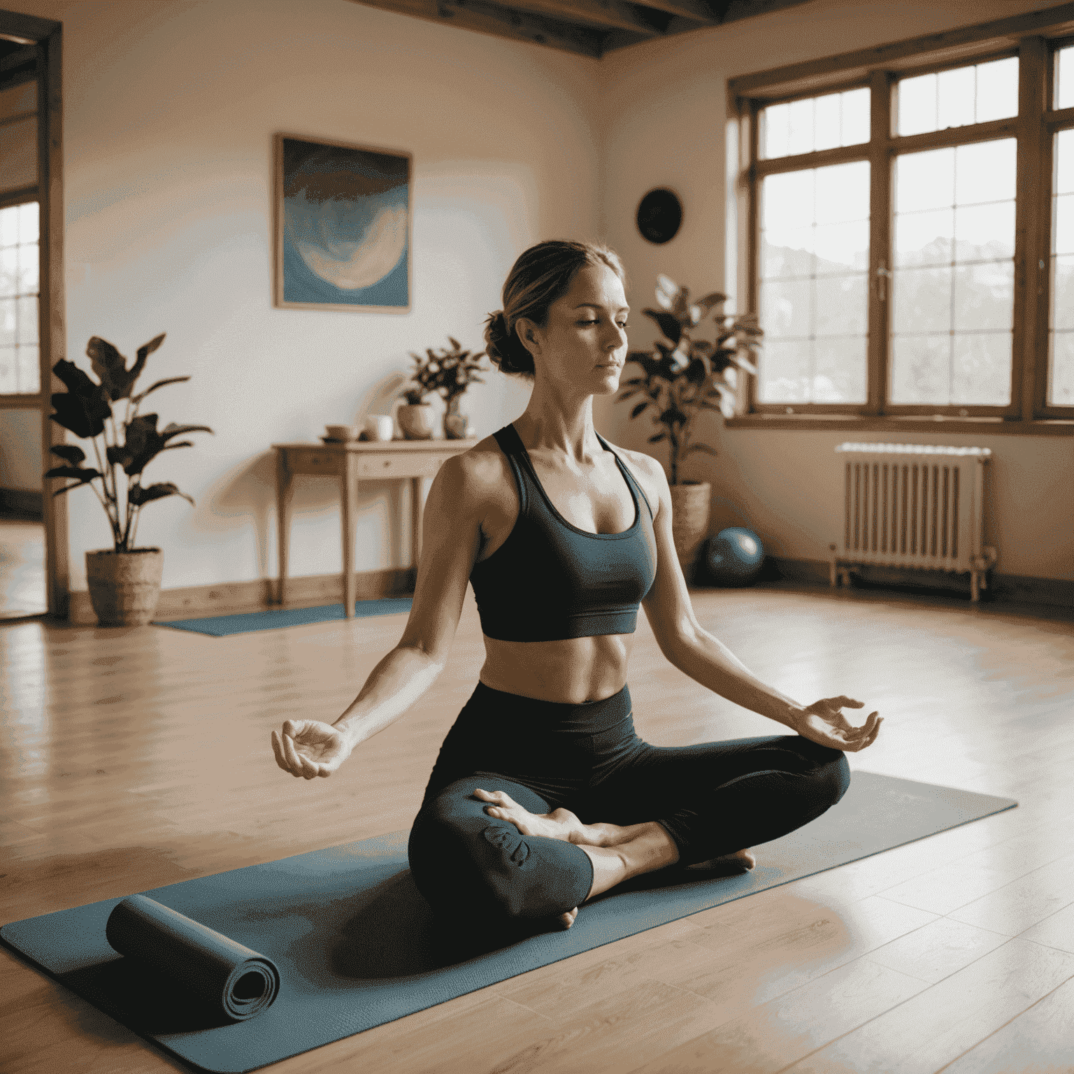 A calm yoga studio with natural light, soft mats, and props. A person is shown in a gentle yoga pose, emphasizing flexibility and relaxation.
